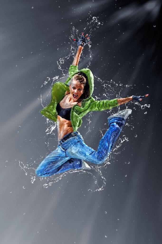 A dancing girl in blue jeans and a green jacket jumping,