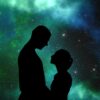 The Law of Attraction brings a man and a woman black silhouette facing one another on a green universe background.