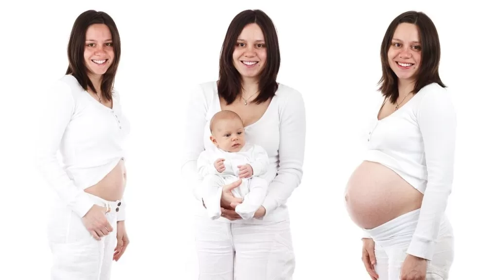 A woman in three stages baby, birth, and born.